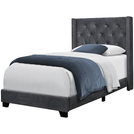 MONARCH SPECIALTIES Bed, Twin Size, Platform, Teen, Frame, Upholstered, Velvet, Wood Legs, Grey, Chrome, Transitional I 5986T